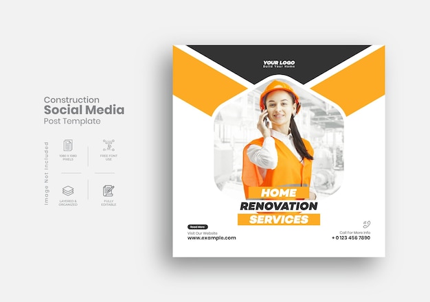 Bouw- en huisrenovatiediensten social media post en Instagram Post Design Template