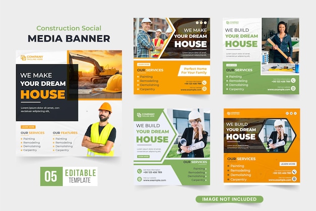 Bouw en renovatie sociale media postbundel met gele en groene kleuren Onroerend goed huis maken zakelijke promotionele webbanner collectie Huis bouw dienst sjabloon set vector