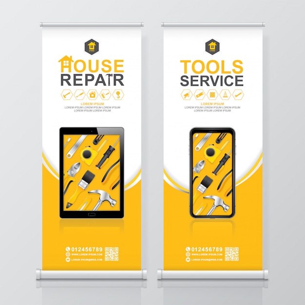 Bouw hulpmiddelen service oprollen ontwerp, banner standee sjabloon