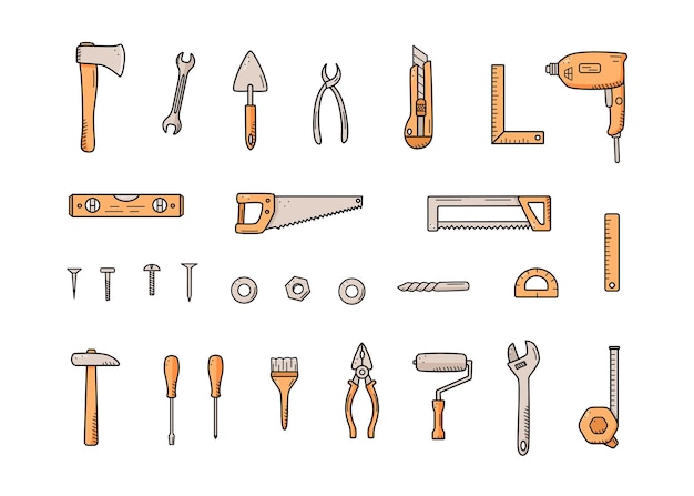 Bouw tools doodle vector set reparatie elementen cartoon pictogrammen