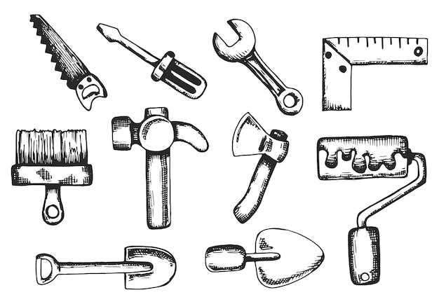 Bouw tools hand schets vector