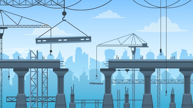 Bouw van de brug stappen van het bouwen van reparatie brugwerk met kraan machine architectuur onderhoud concept cartoon vlakke stijl vector illustratie