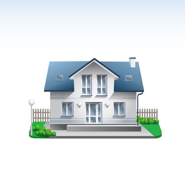 Bouw van onroerend goed Illustratie van het witte huis. vlakke stijl realistische huis icoon met tuin