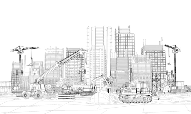 Bouwconstructieplan gevels met machines architecturale schets Vectorillustratie