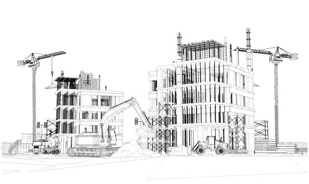 Bouwconstructieplan gevels met machines architecturale schets Vectorillustratie