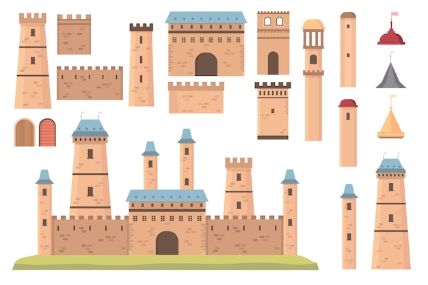 Bouwer van het kasteel. Middeleeuwse architectuur, torens met vlaggen, muren en deuren. De oude historische bastionbouw, de vectorreeks van het fort. Architectuur kasteel, toren en bolwerk bouw illustratie