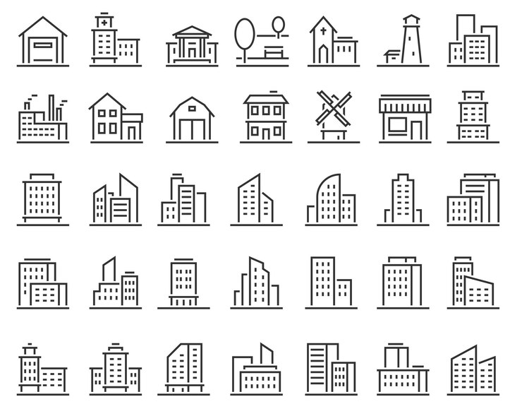 Vector bouwlijn iconen architectuur stedelijke gebouwen residentiële commerciële industriële en openbare huizen wolkenkrabber huis townhouse ziekenhuis kerk en fabriek magazijn vector dunne structuren