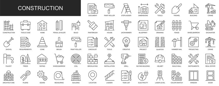 Bouwweb-iconen in dunne lijnontwerp Pakje verf roltrap ladder gereedschappen troffel bouwkraan tekening hek onroerend goed andere omtrek stroke pictogrammen vectorillustratie