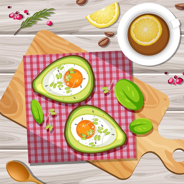 Bovenaanzicht eten Creamy Avocado Egg Bake met placemat op houten plat