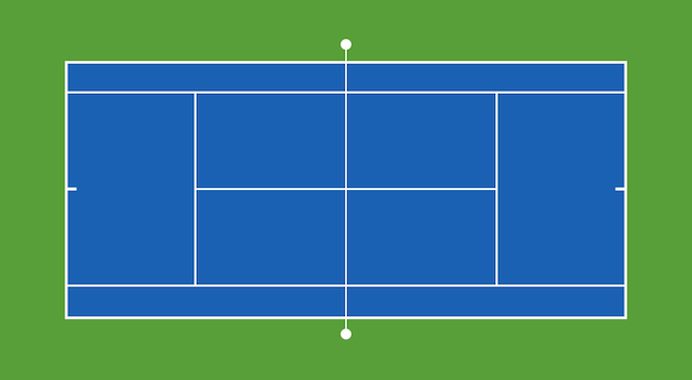 Bovenaanzicht harde tennisbaan met raster en schaduw bovenaanzicht veld met harde kaft vectorillustratie getextureerde realistische tennisbaanillustratie de exacte verhoudingen