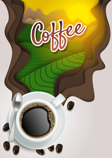 Vector bovenaanzicht kopje hete aromatische koffie met koffiebonen en papier gesneden stoom met koffie belettering.