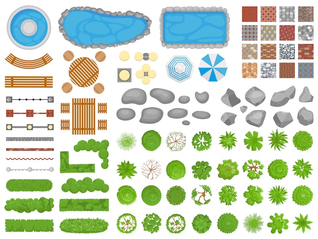 Bovenaanzicht park items. tuin loopbrug, buiten ontspannen parken meubels en tuinen bomen luchtfoto geïsoleerde set