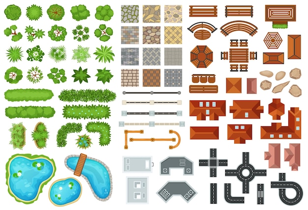 Bovenaanzicht stad elementen bomen wegen gebouwen huizen trottoirs stad straat architectuur meubels planten voor park landschap vector set