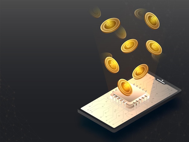 Bovenaanzicht van 3D gouden munten die uit de circuitchip op het scherm van de smartphone knallen.
