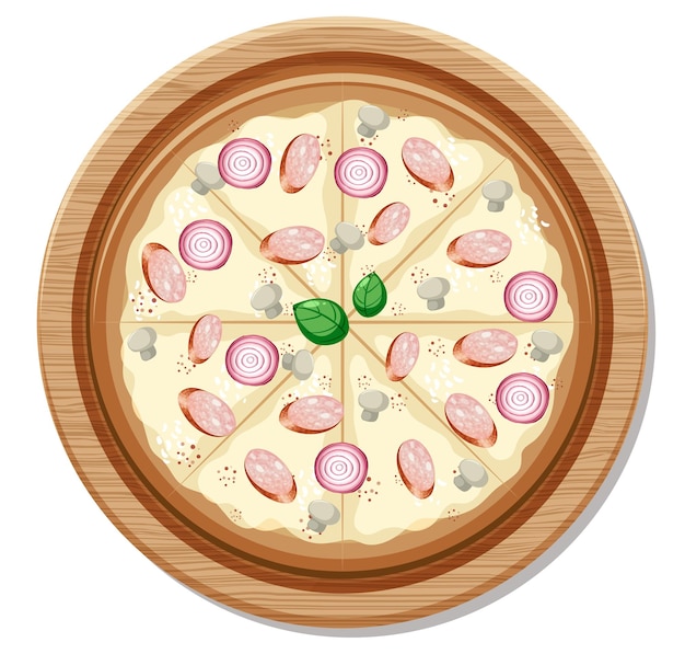 Bovenaanzicht van een hele veganistische pizza op houten plaat geïsoleerd