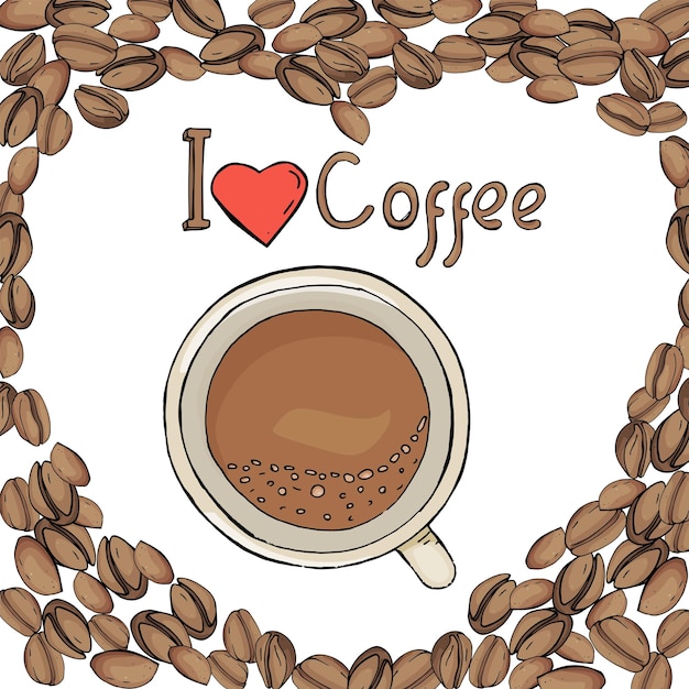 Bovenaanzicht van handgetekende koffiebonen in de vorm van een hart en een kopje koffie