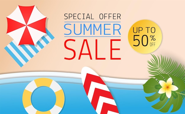 Bovenaanzicht van het strand met strandaccessoires Paper art of summer sale concept banner