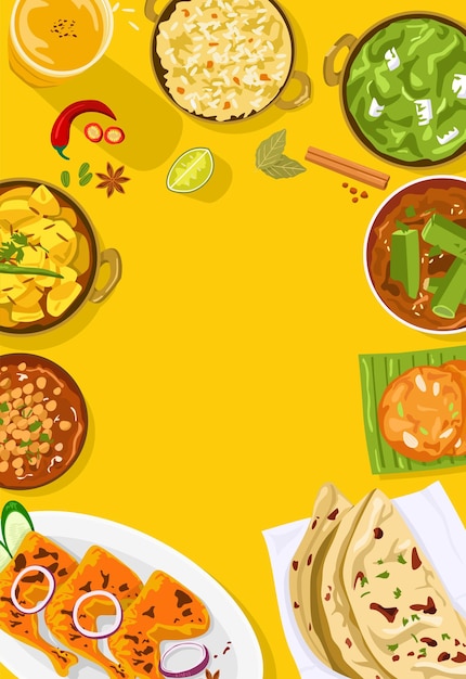 Vector bovenaanzicht van indiaas eten illustratie