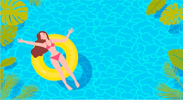 Vector bovenaanzicht van langharige brunette vrouw in bikini op de gele rubberen ring in het grote zwembad. zomer concept