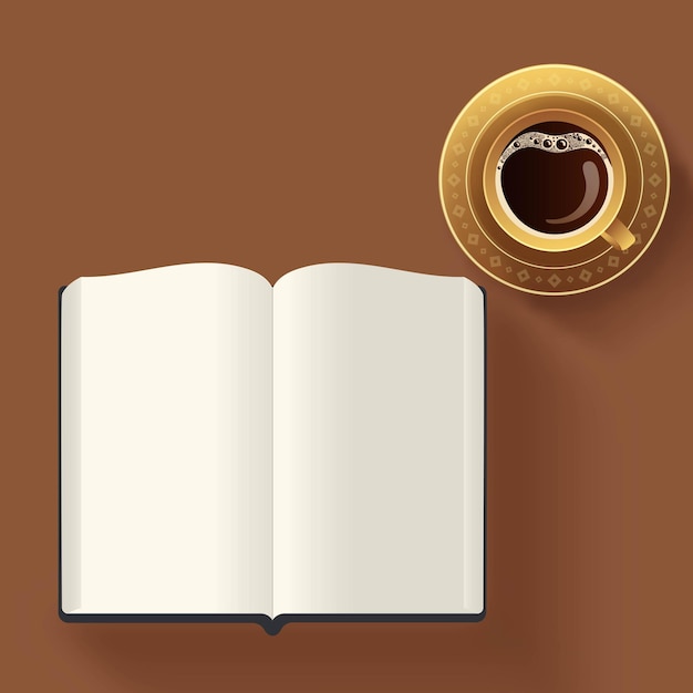 Bovenaanzicht van open boek met blanco pagina's Tea Cup Element op bruine achtergrond