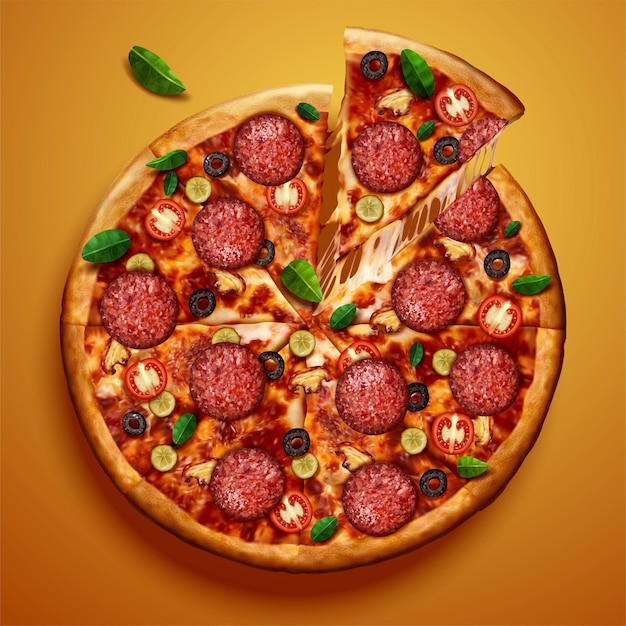 Bovenaanzicht van pepperoni pizza met vezelige kaas op chroom yellowin 3d illustratie