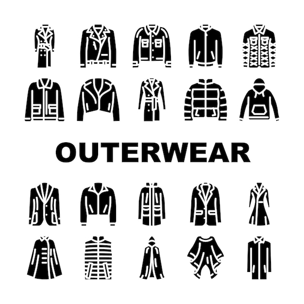 bovenkleding vrouwelijke kleding meisje iconen set vector vrouw mode jas kleding jas stijlvol mensen persoon jong casual stijl bovenkleding vrouwelijke kleding meisje glyph pictogram illustraties