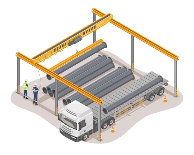 Bovenloopkraan die industriële stalen buizen opheft van een vrachtwagen met dieplader in een fabrieksflatbed