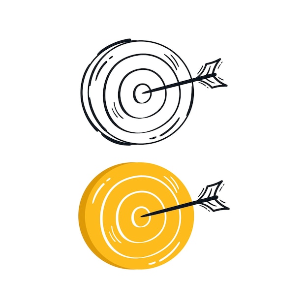 Bow arrow hits the target circle hand drawn icon sketch Business goal line cartoon illustration