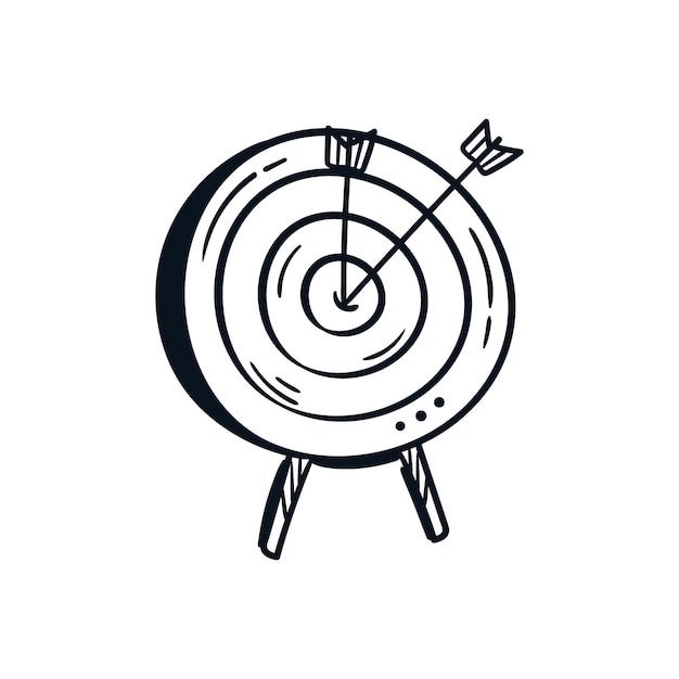 Vector bow arrow hits the target circle hand drawn icon sketch business goal line cartoon illustration