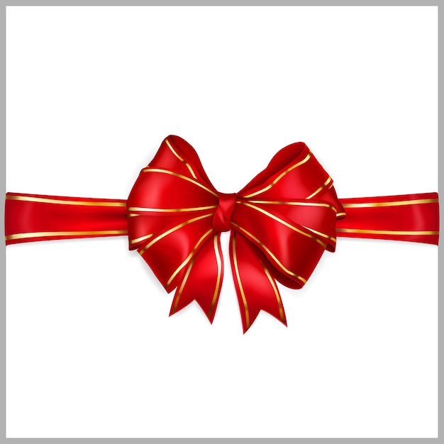 Bow of red wide ribbon with horizontal ribbons with golden strips