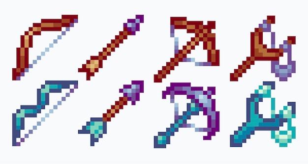 Vector bow slingshot and crossbow pixel art set archery collection 8bit sprite