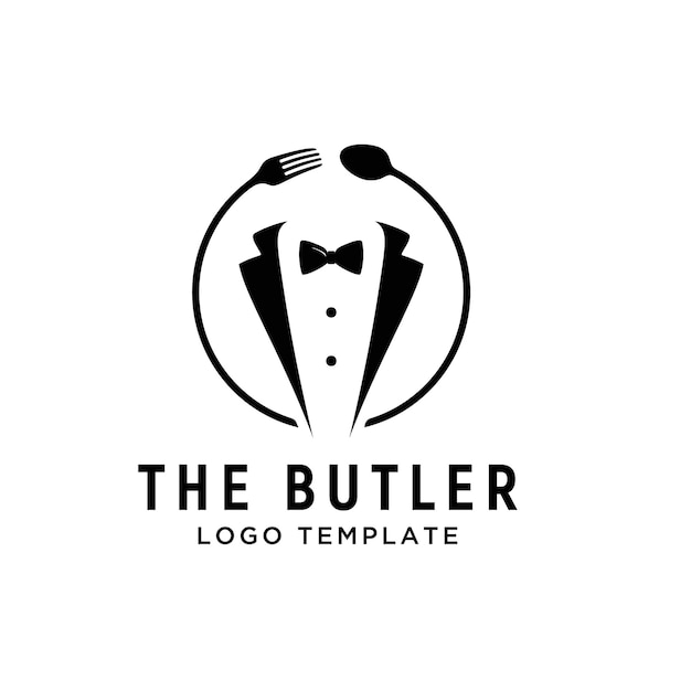 蝶ネクタイ、タキシード ウェイター スーツ、ナイフ、スプーン フォーク レストラン ディナーのロゴ デザインのインスピレーション