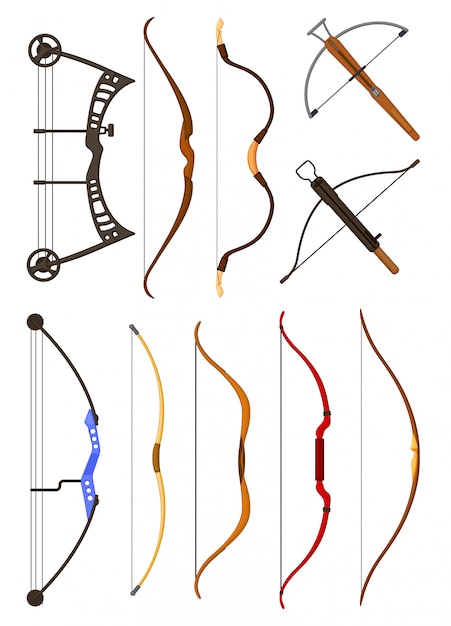 Vector bow weapon cartoon set icon. illustration longbow on white background.