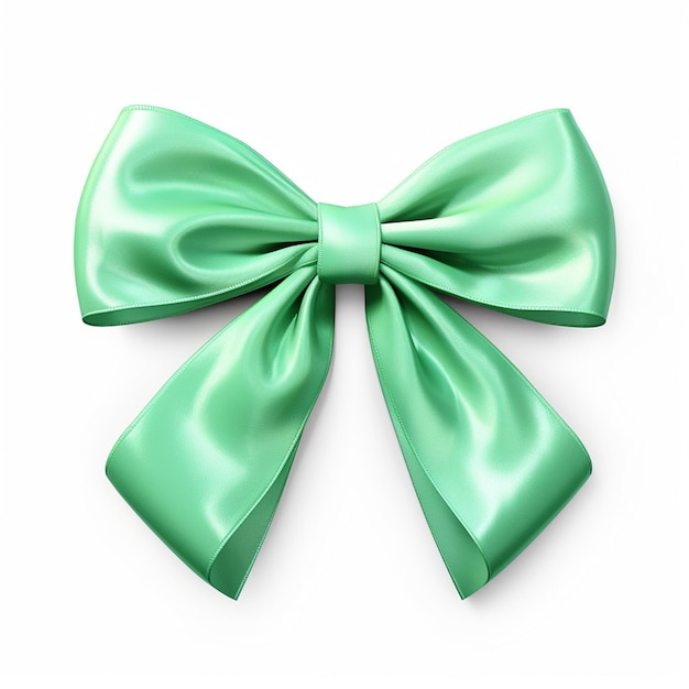 a bow with a green ribbon on it is laying on a white background