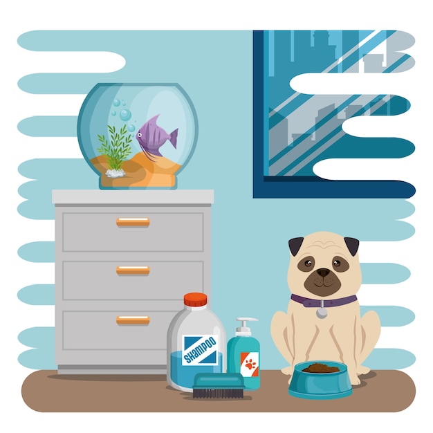 Vector bowl aquarium with fish and dog