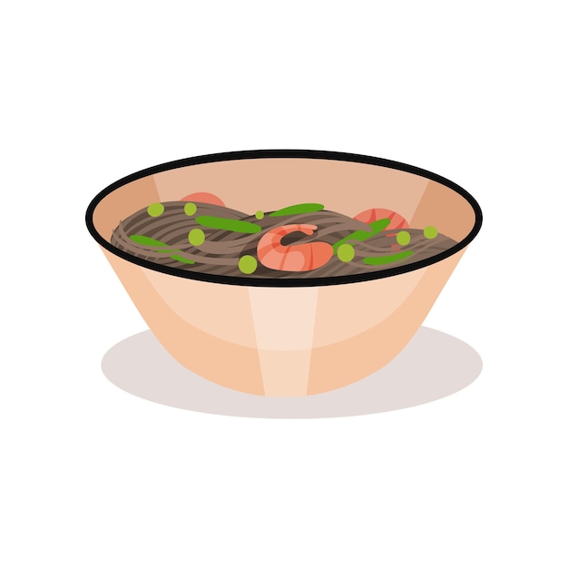 새우와 함께 맛있는 누들 그 맛있는 식사 아시아 요리의 전통 요리 카페 메뉴 또는 레시피 책에 대한 그래픽 요소 색 배경에 고립 된 평평한 스타일의 다채로운 터 아이콘