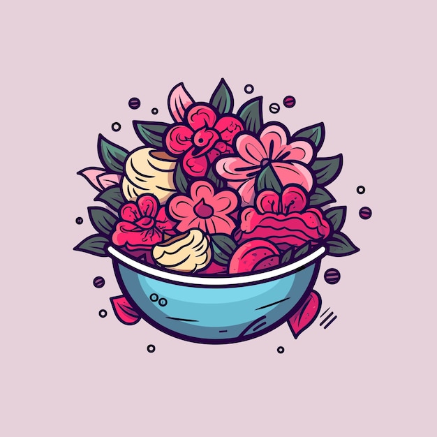 Vector a bowl of flowers with a picture of a bowl of raspberries and a strawberry.