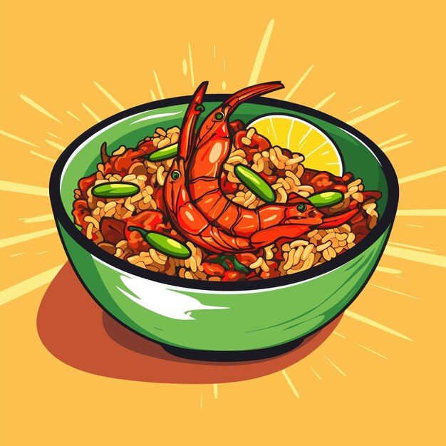 A bowl of food with a lobster and a lemon on it