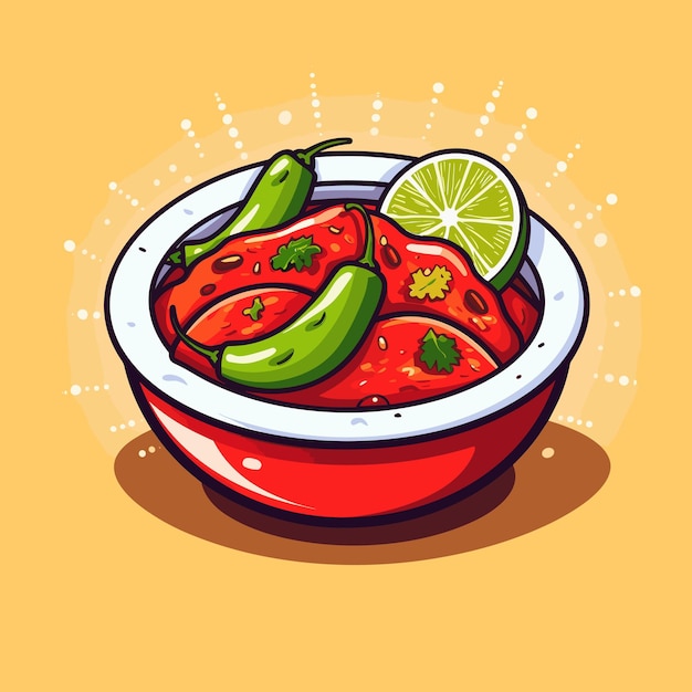 A bowl of food with peppers and limes on it.