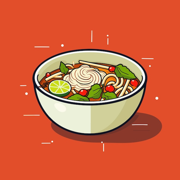 A bowl of food with a red background with a picture of a bowl of noodles and vegetables.