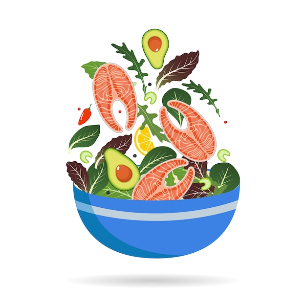 Bowl of fresh mix of salad leaves, vegetables and salmon.