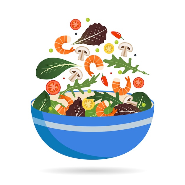 Bowl of fresh mix of salad leaves, vegetables and shrimp. Arugula, tomatoes, paprika, peppers and mushrooms. 