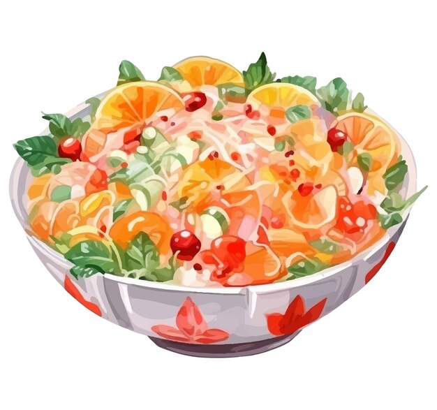 Vector a bowl of fruit salad with oranges and green leaves.