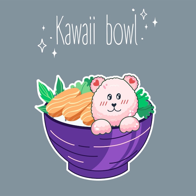 Bowl in Kawaii style Cute colorful illustrations Japanese food Anime Vector