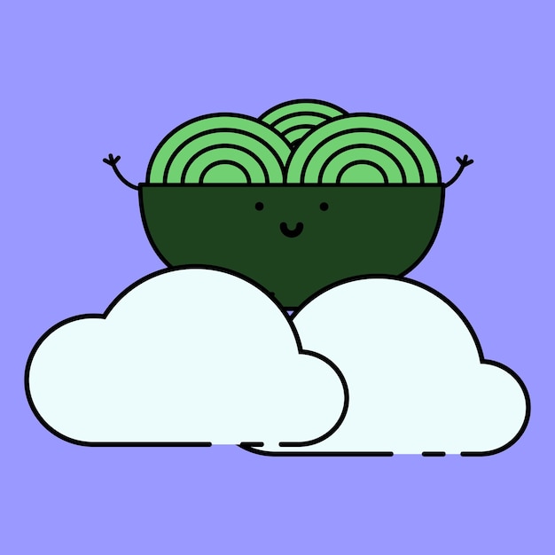 bowl noodle soep food cartoon falying met wolken hemel illustratie plat ontwerp