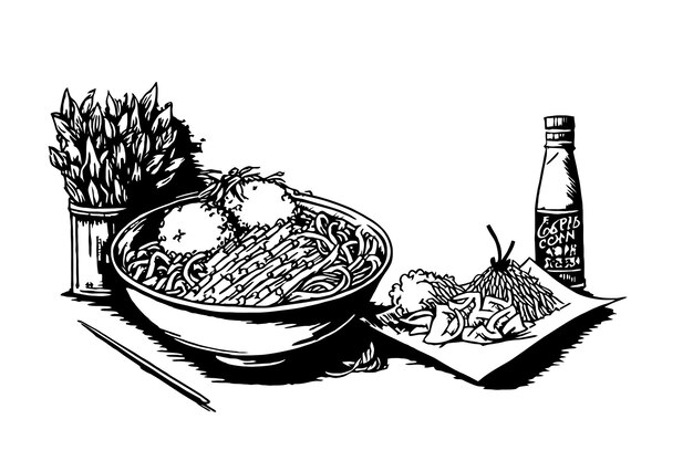 Bowl of noodle with chopsticks Noodle Black color in sketch style Vector illustration