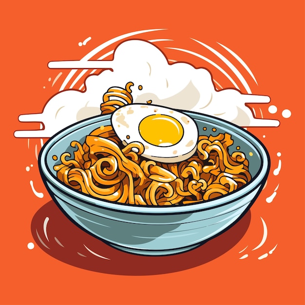 Ciotola di noodle con uovo fritto illustrazione vettoriale disegnata a mano