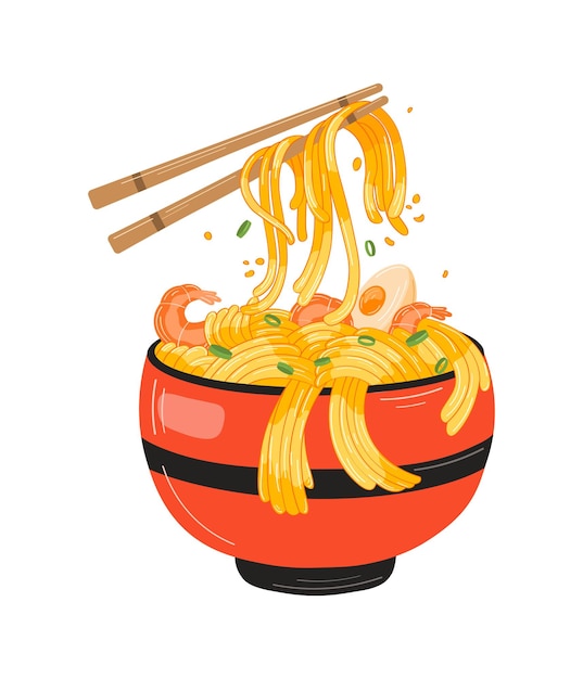 Bowl noodles, chopsticks. Ramen logo. Asian food. Chinese, Korean, Japanese cuisine. Trendy poster