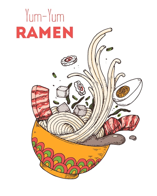 Bowl noodles Ramen Asian food Korean cuisine template Hand drawn vector illustration