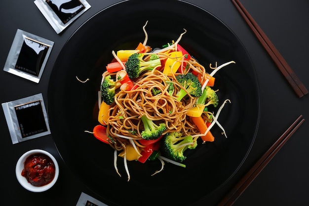 a bowl of noodles with a bowl of vegetables and the word noodles
